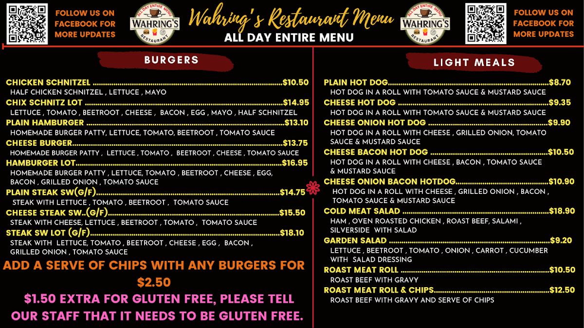 Menu, Wahring's Restaurant