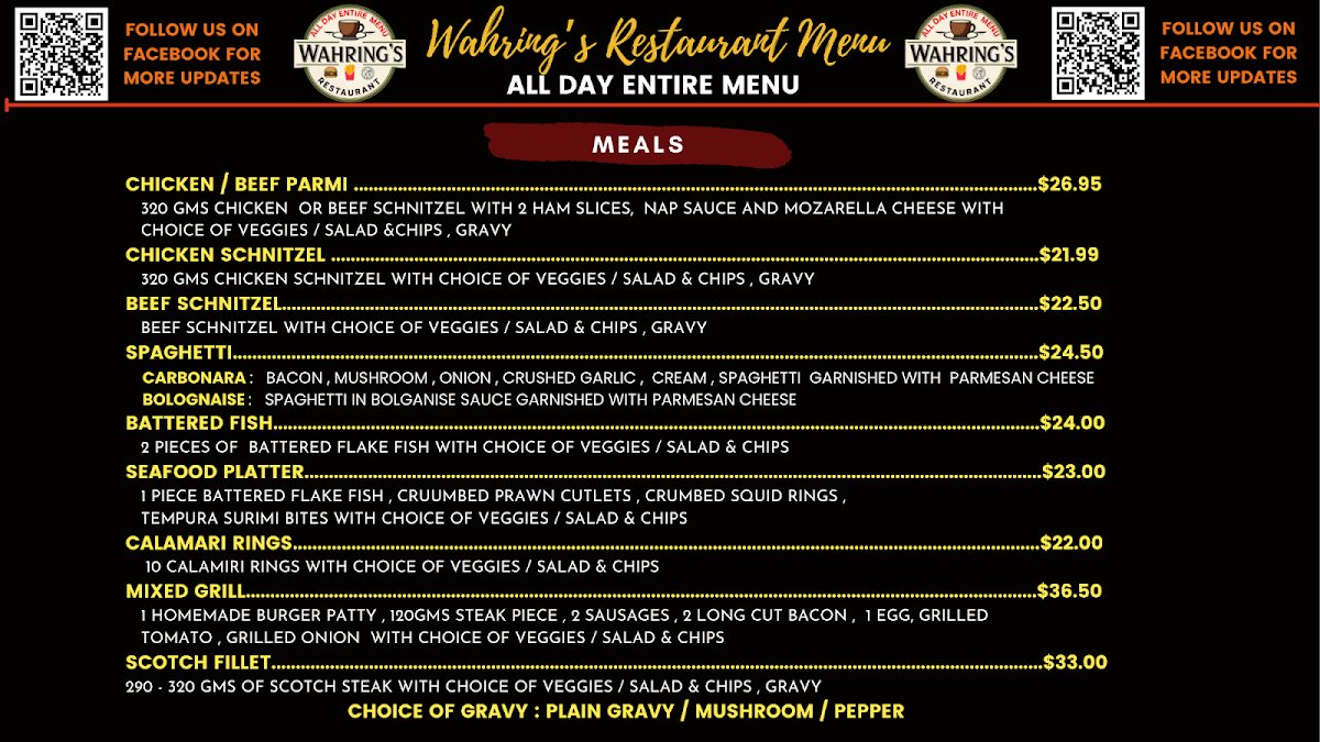 Menu, Wahring's Restaurant