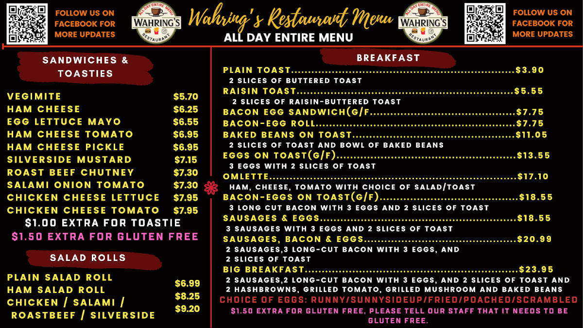 Menu, Wahring's Restaurant