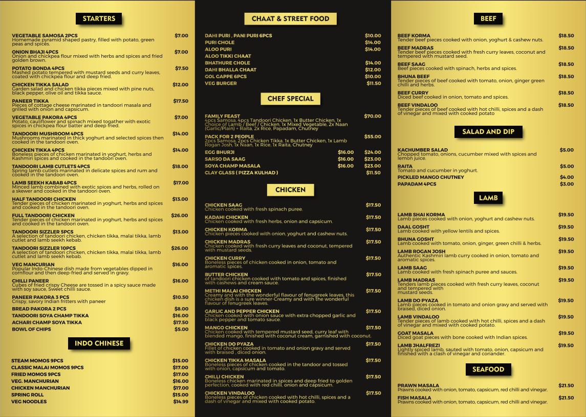 Menu, Spice Paradise Tandoori Indian Restaurant