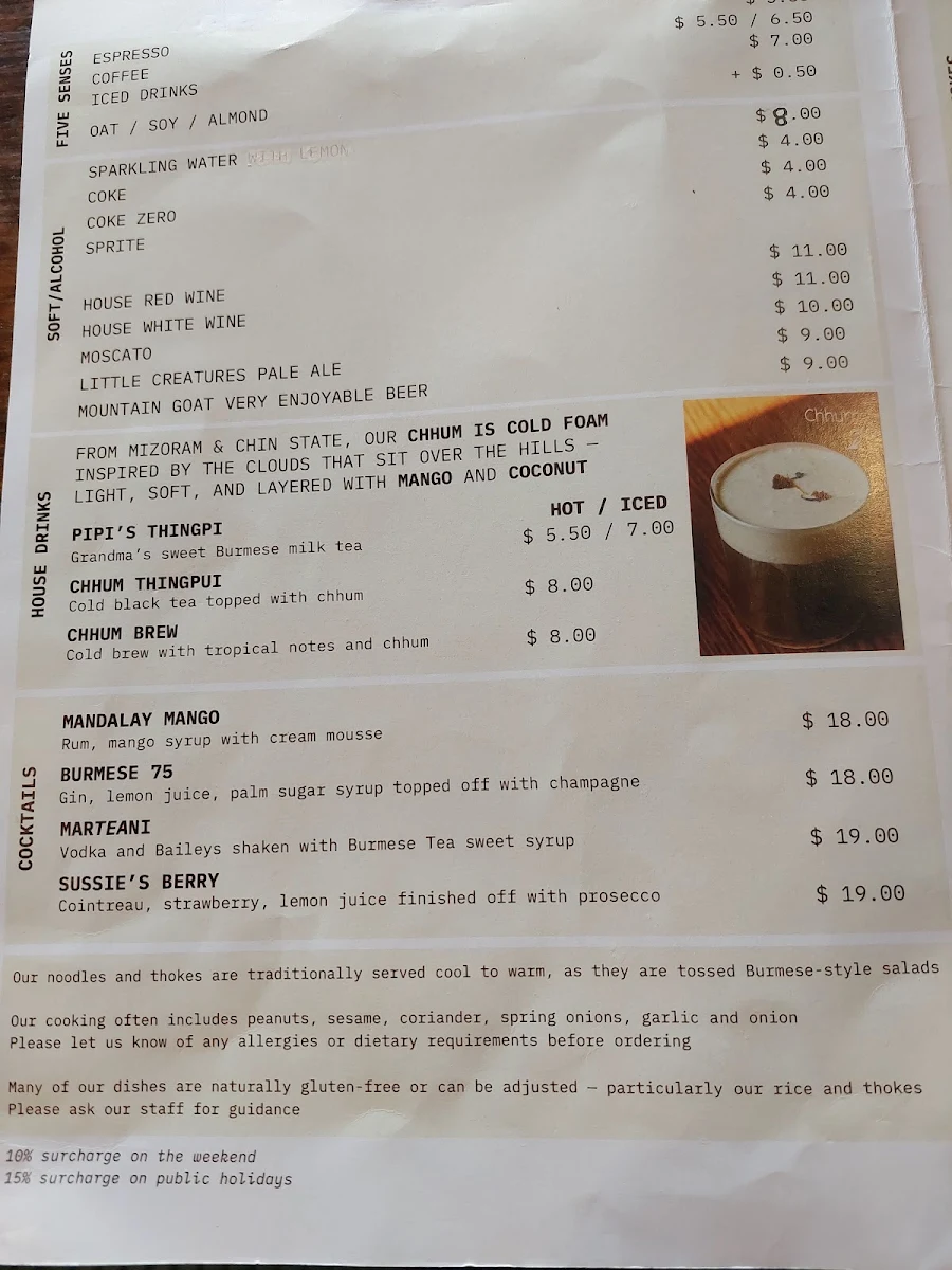 Menu, Burmese House