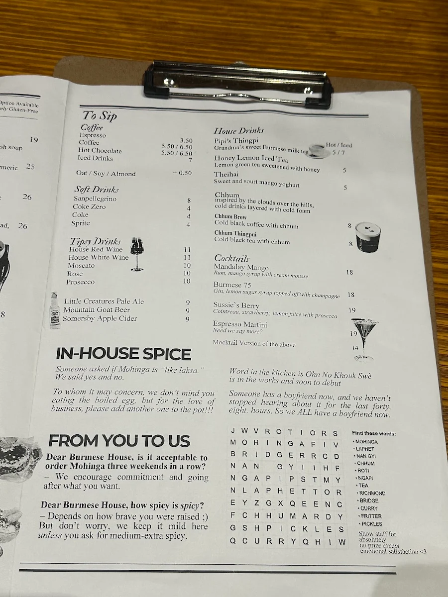 Menu, Burmese House