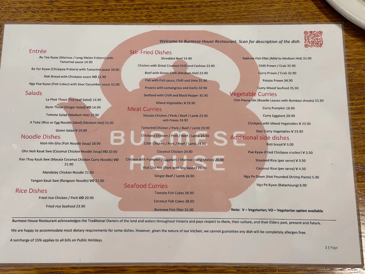Menu, Burmese House