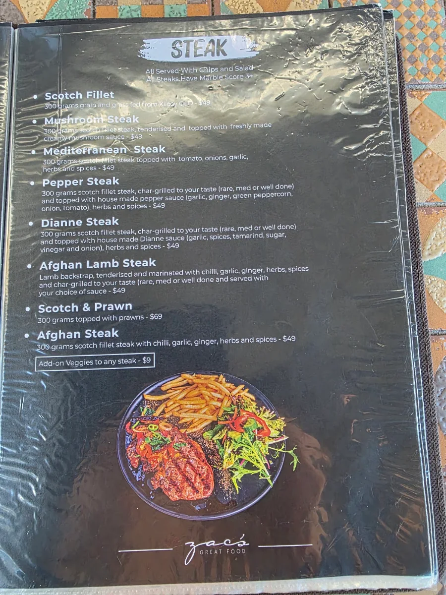 Menu, Zac’s Great Food Restaurant & Cafe Bella Vista