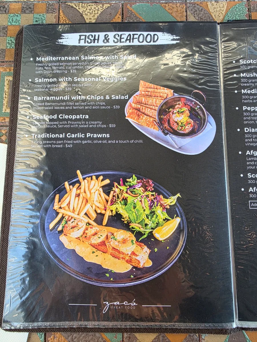 Menu, Zac’s Great Food Restaurant & Cafe Bella Vista