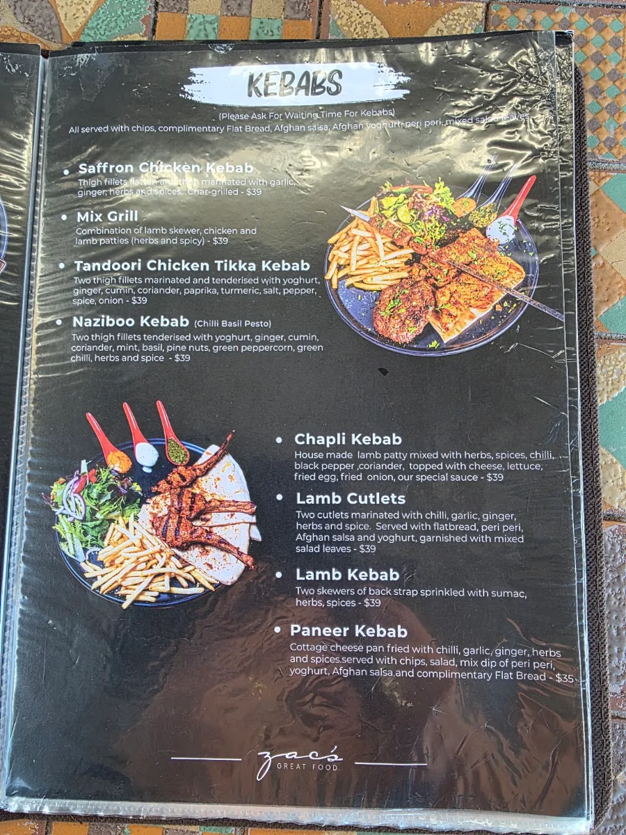 Menu, Zac’s Great Food Restaurant & Cafe Bella Vista