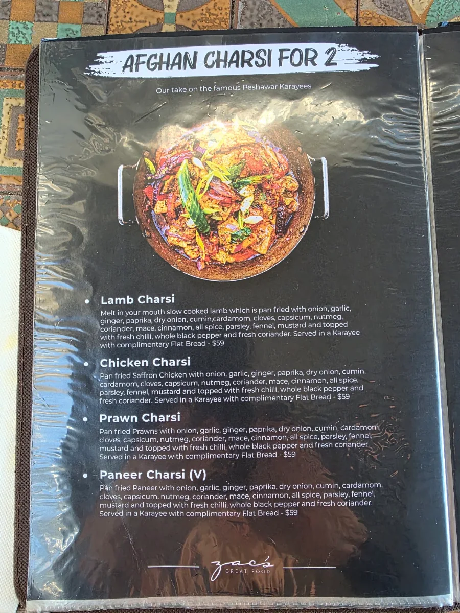 Menu, Zac’s Great Food Restaurant & Cafe Bella Vista