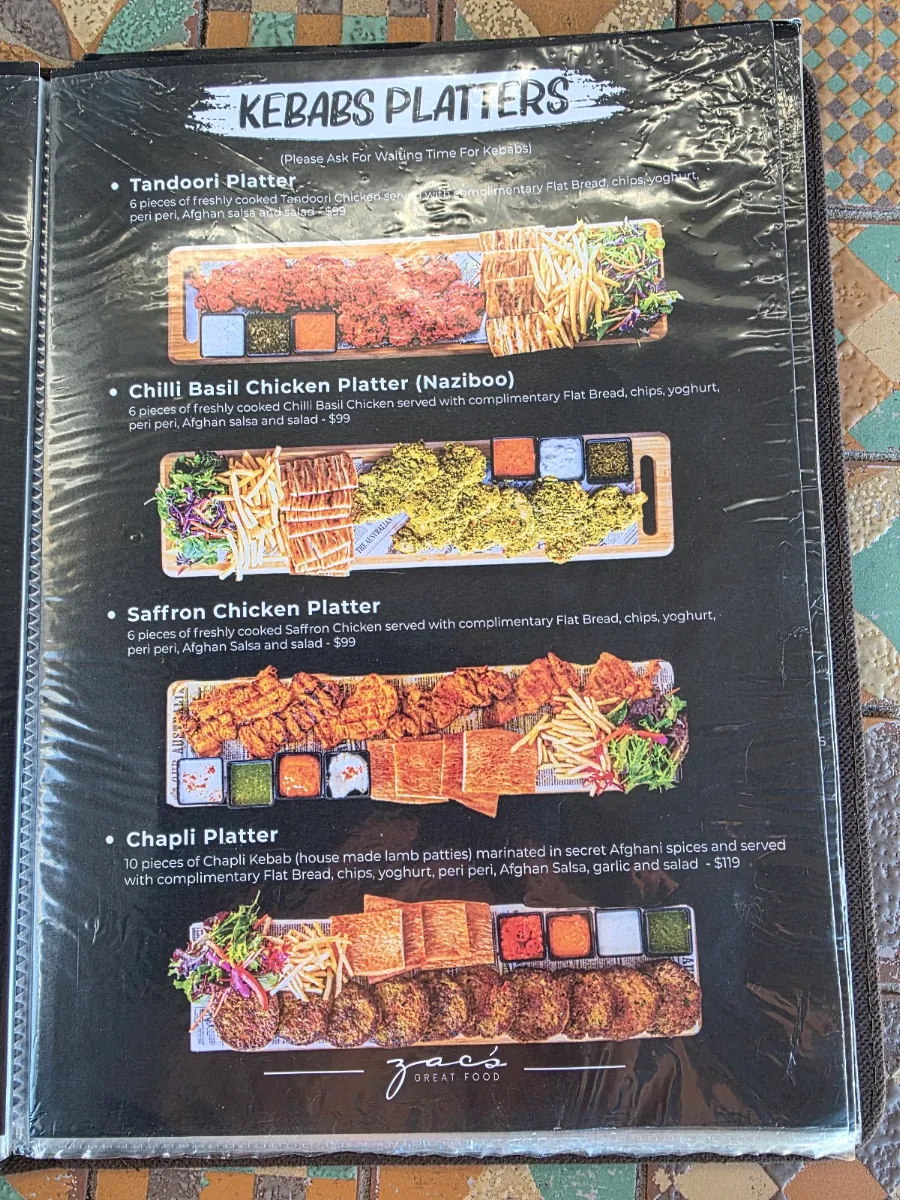 Menu, Zac’s Great Food Restaurant & Cafe Bella Vista
