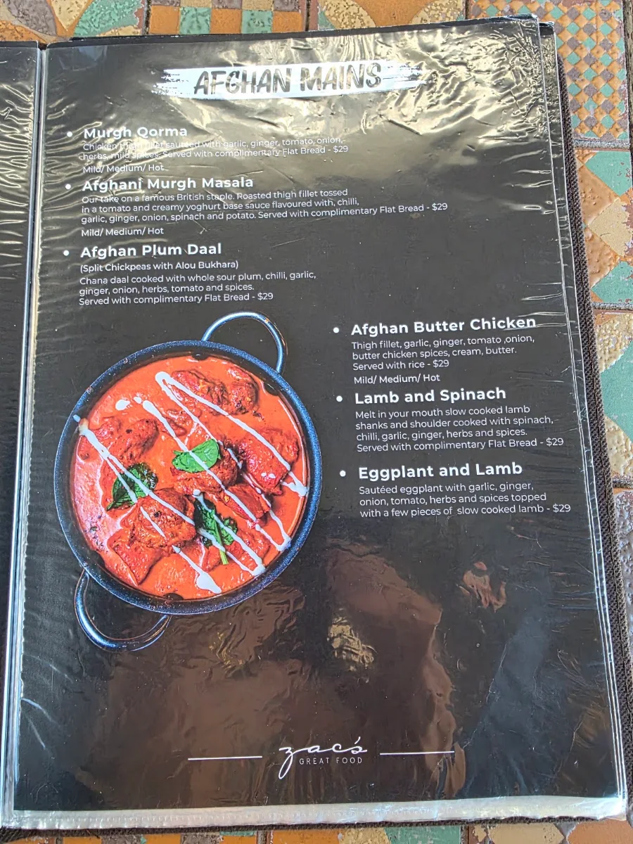Menu, Zac’s Great Food Restaurant & Cafe Bella Vista