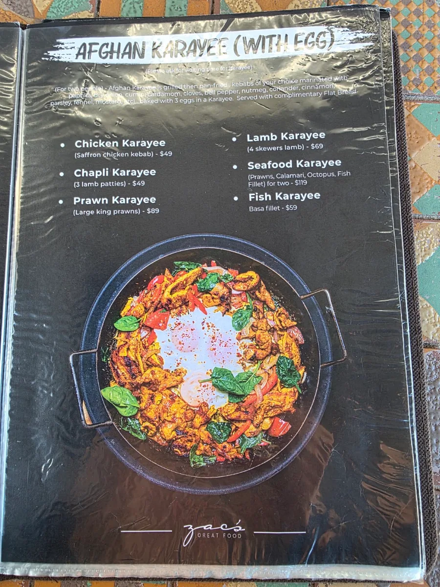 Menu, Zac’s Great Food Restaurant & Cafe Bella Vista