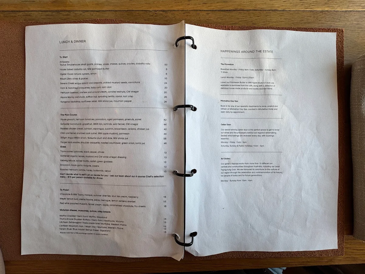 Menu, Mitchelton Muse Restaurant