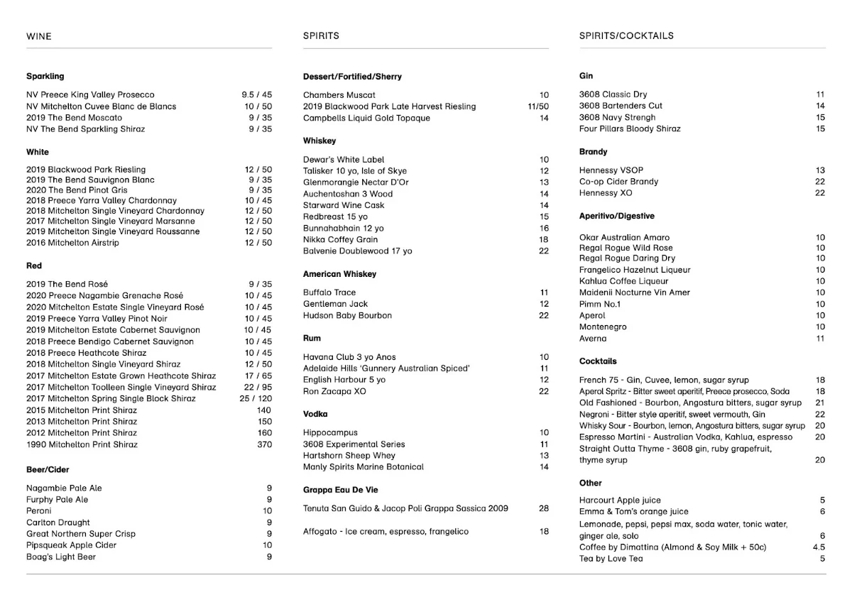 Menu, Mitchelton Muse Restaurant