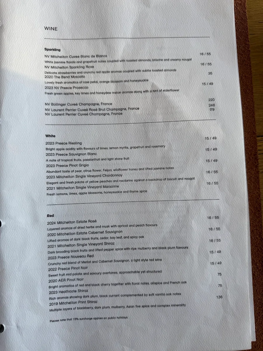 Menu, Mitchelton Muse Restaurant