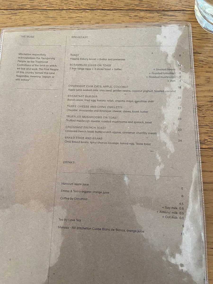 Menu, Mitchelton Muse Restaurant