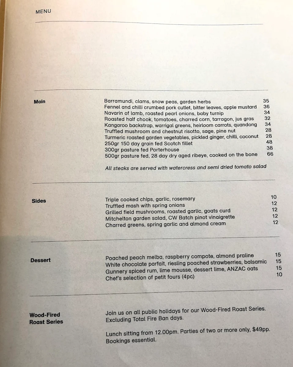 Menu, Mitchelton Muse Restaurant