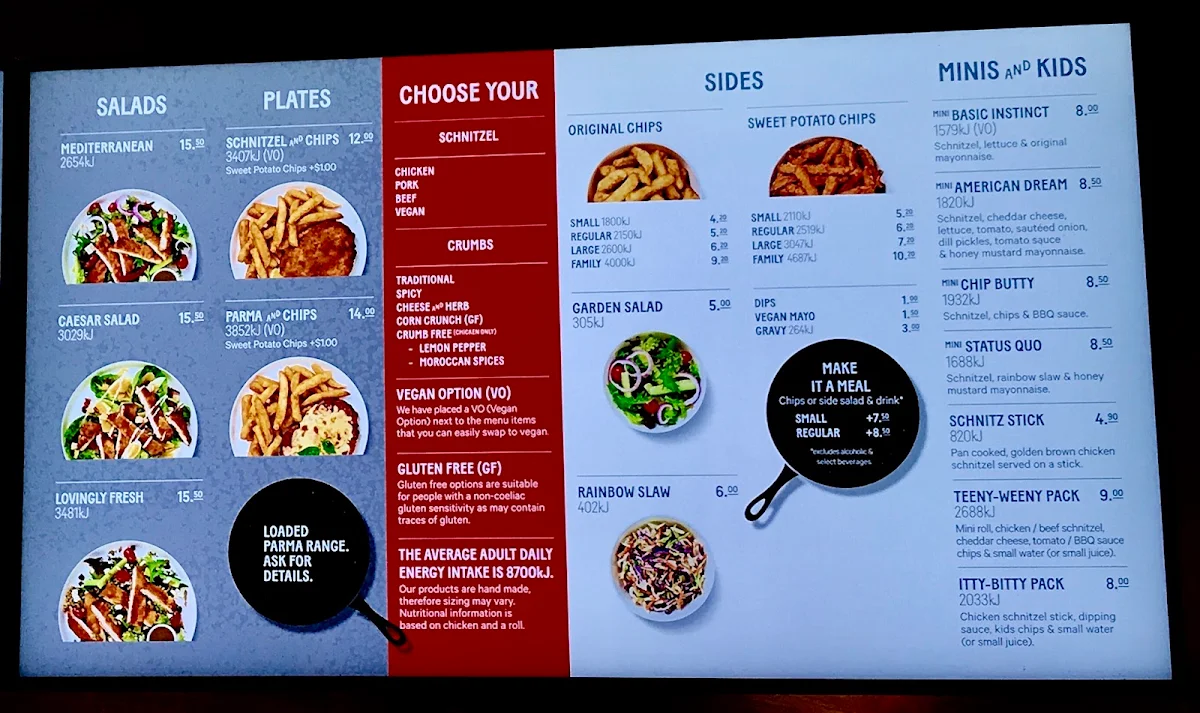 Menu, Schnitz Traralgon