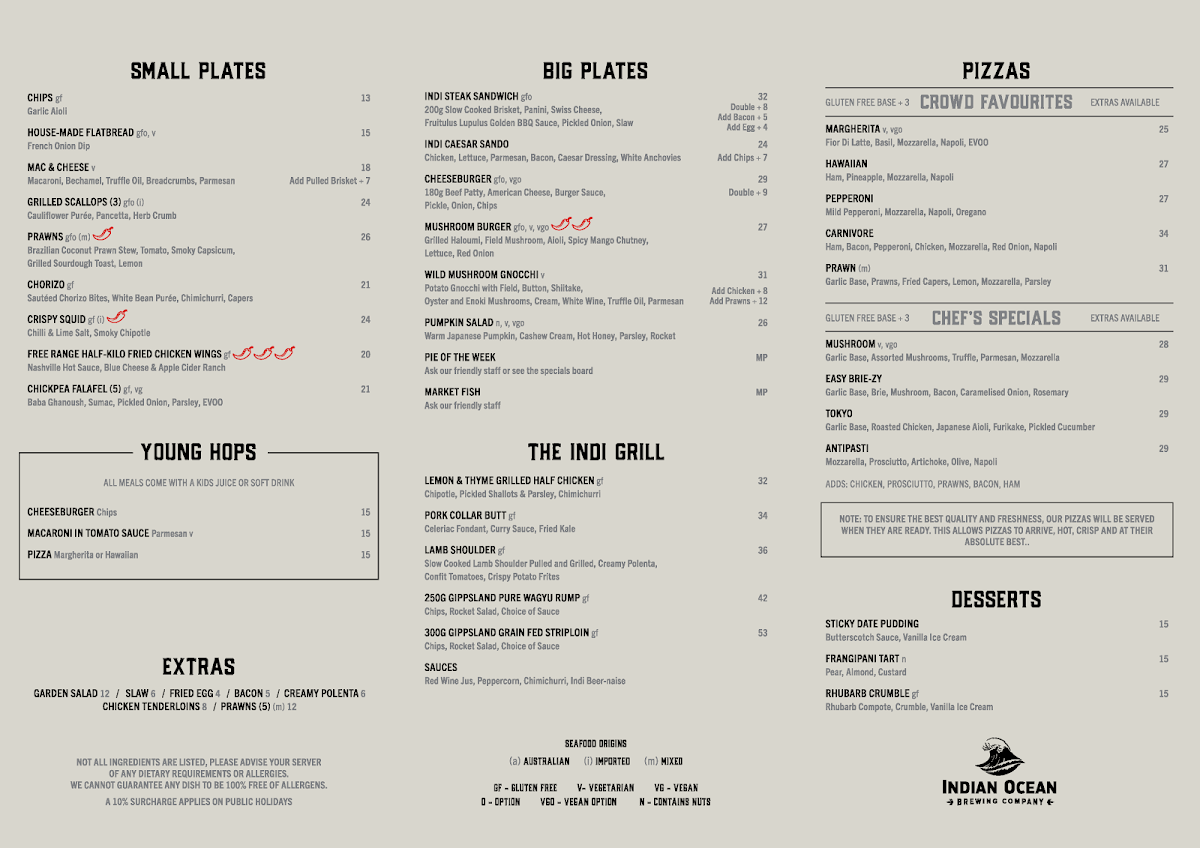 Menu, Indian Ocean Brewing Company