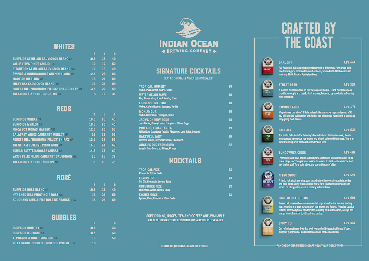Menu, Indian Ocean Brewing Company