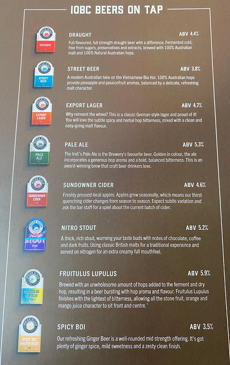 Menu, Indian Ocean Brewing Company