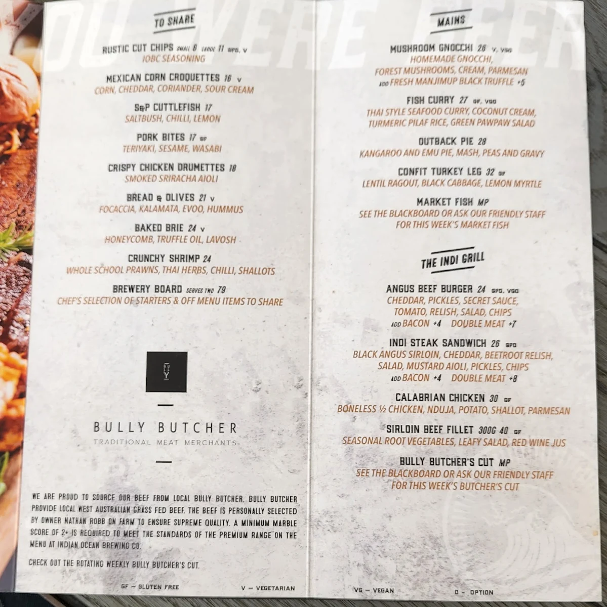 Menu, Indian Ocean Brewing Company