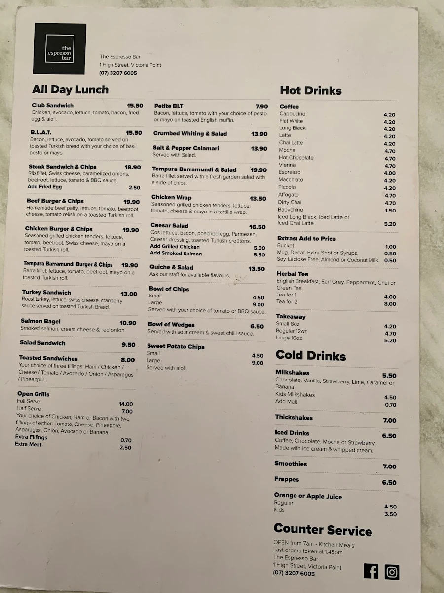 Menu, The Espresso Bar