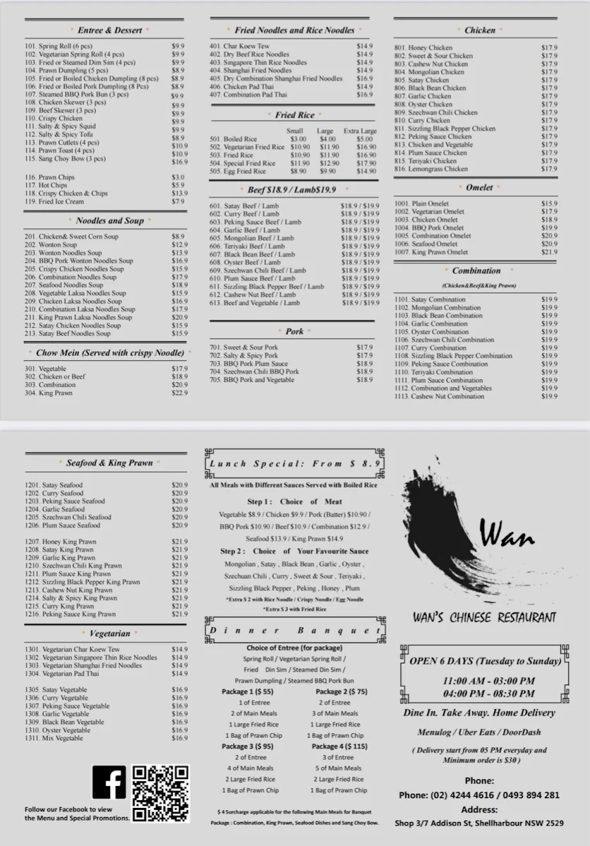 Menu, Wan‘s Chinese Restaurant Shellharbour