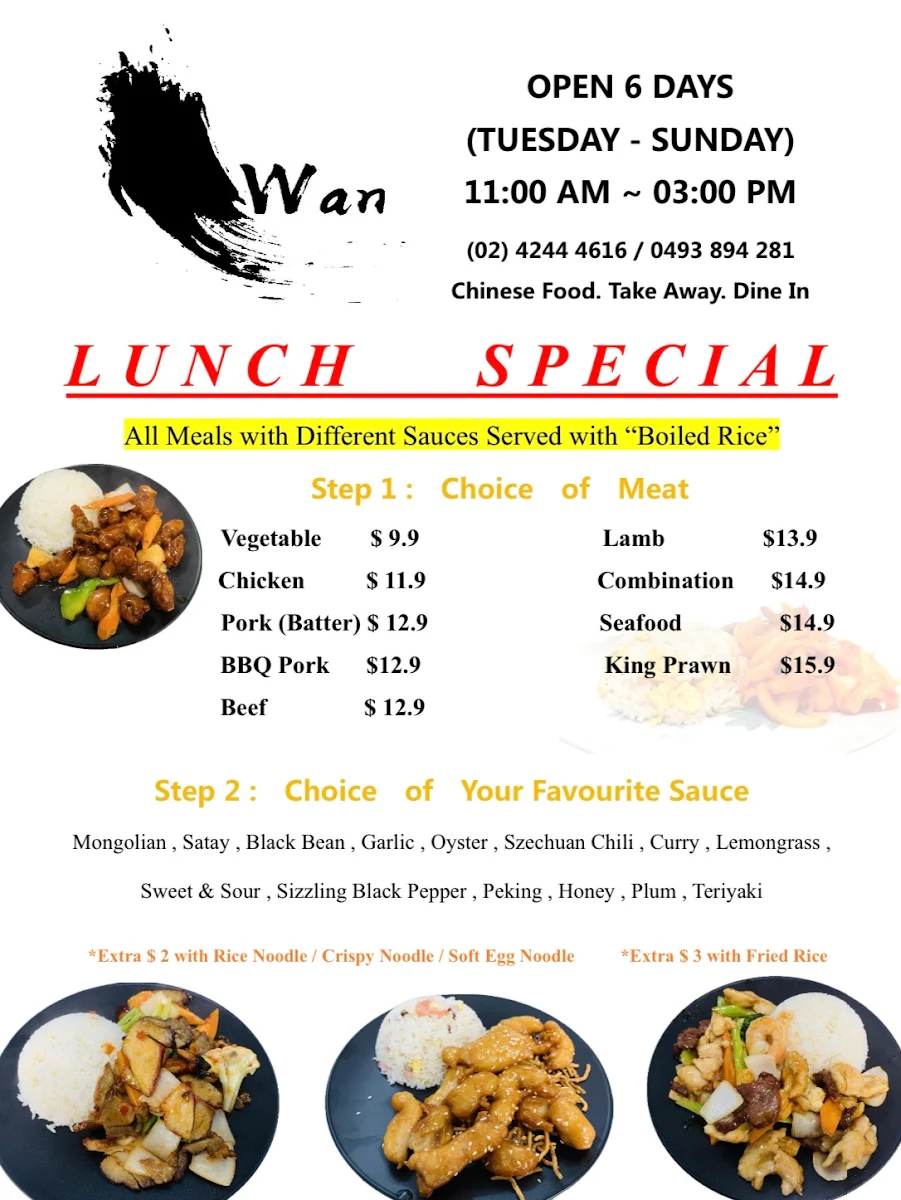 Menu, Wan‘s Chinese Restaurant Shellharbour