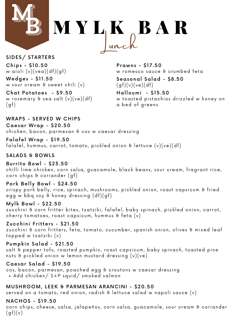 Menu, Mylk Bar on Waymouth