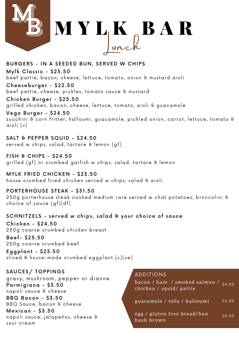 Menu, Mylk Bar on Waymouth