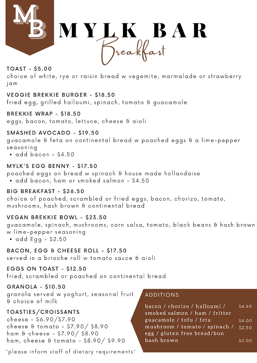 Menu, Mylk Bar on Waymouth