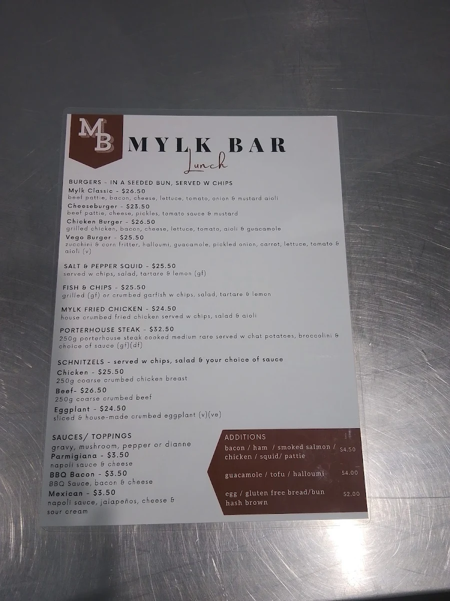 Menu, Mylk Bar on Waymouth
