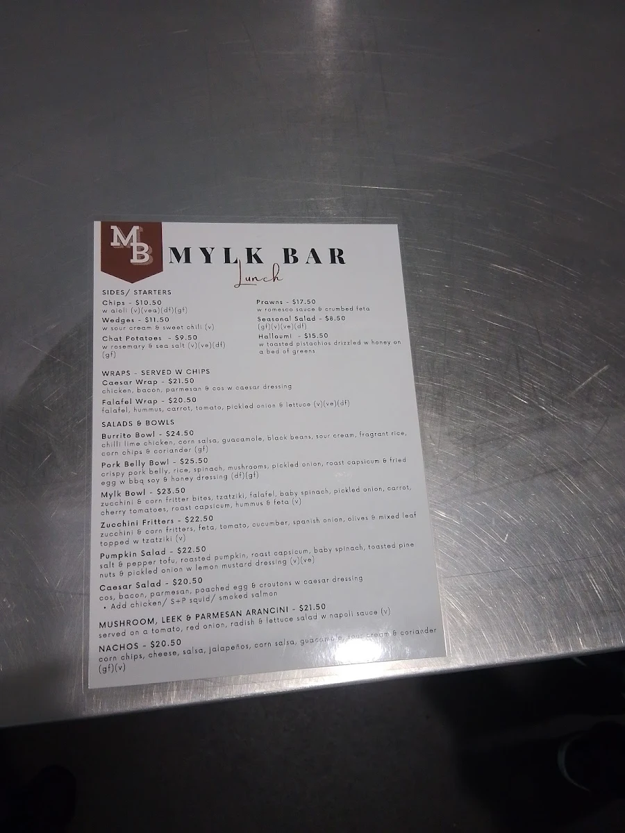 Menu, Mylk Bar on Waymouth