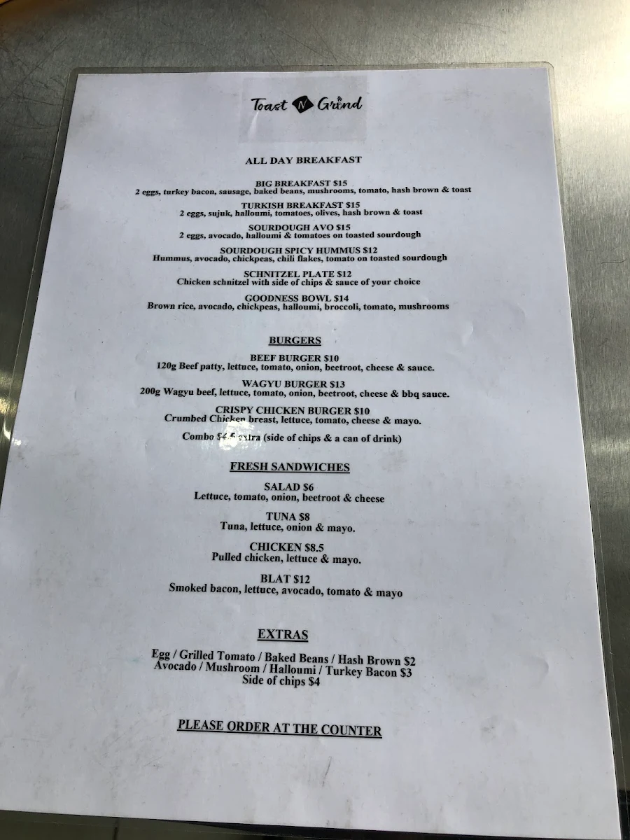 Menu, Toast N Grind Cafe Strathfield