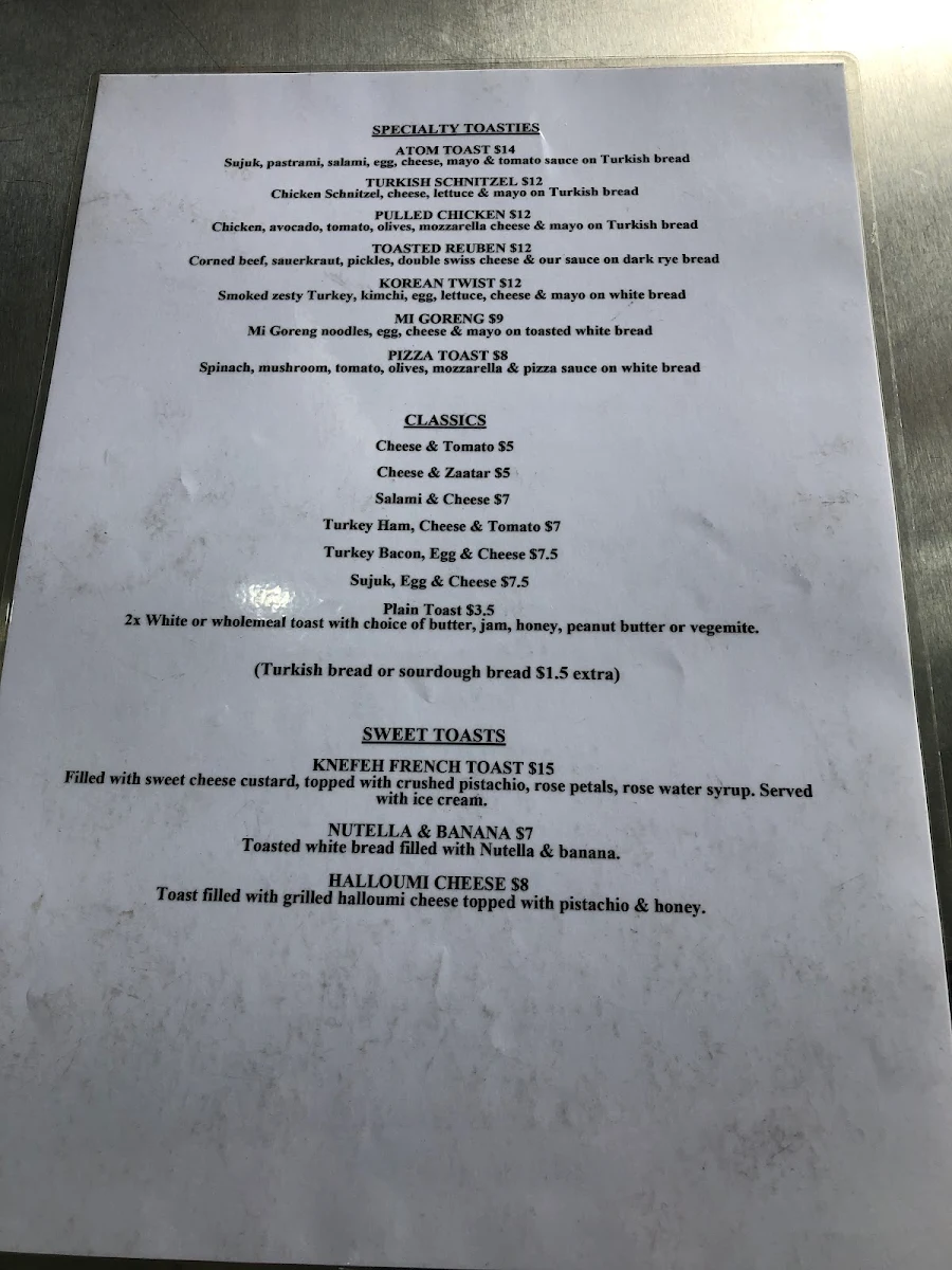 Menu, Toast N Grind Cafe Strathfield