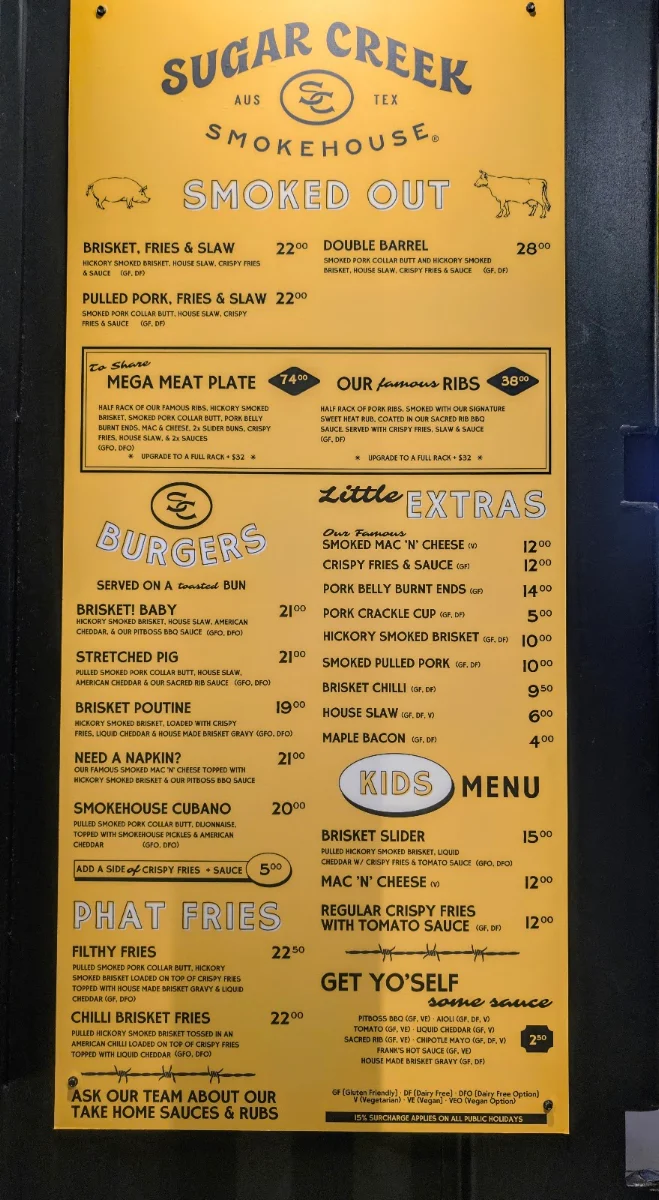 Menu, Sugar Creek Smokehouse