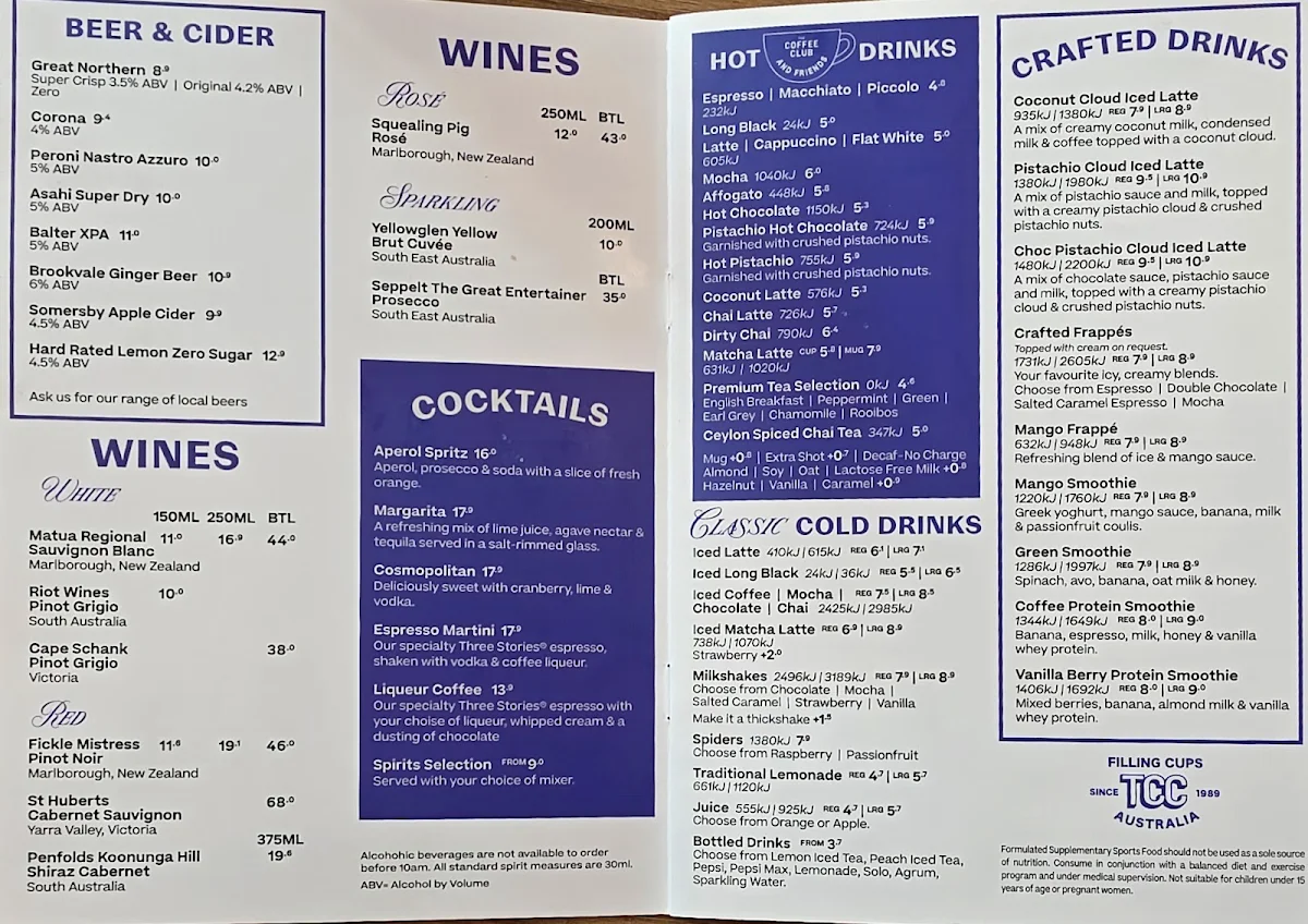 Menu, The Coffee Club Café - Waterfront City Docklands