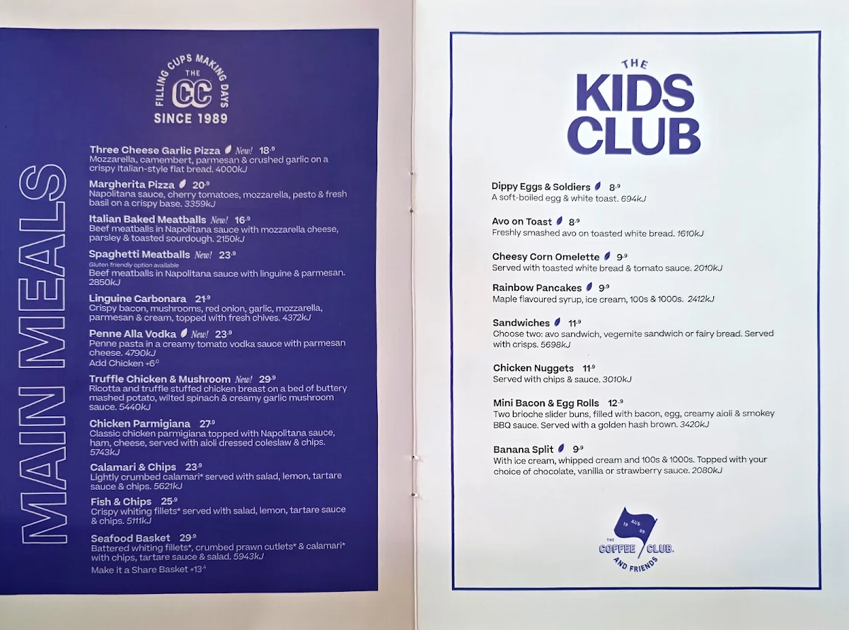 Menu, The Coffee Club Café - Waterfront City Docklands