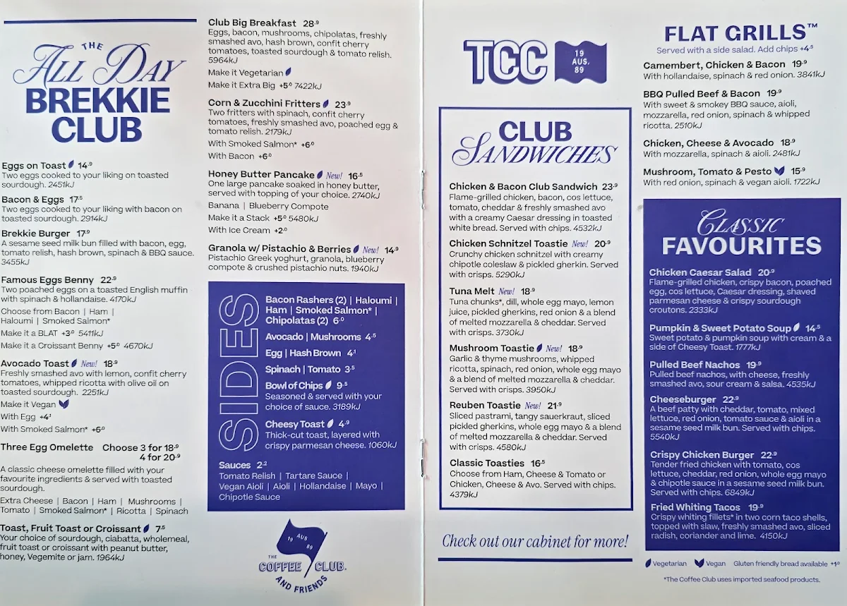 Menu, The Coffee Club Café - Waterfront City Docklands