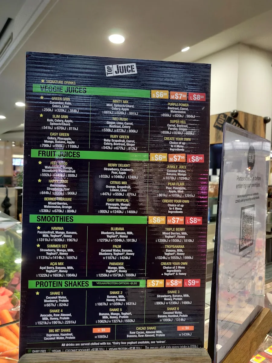 Menu, Top Juice Sydney Central Plaza (Food Court under Myer)