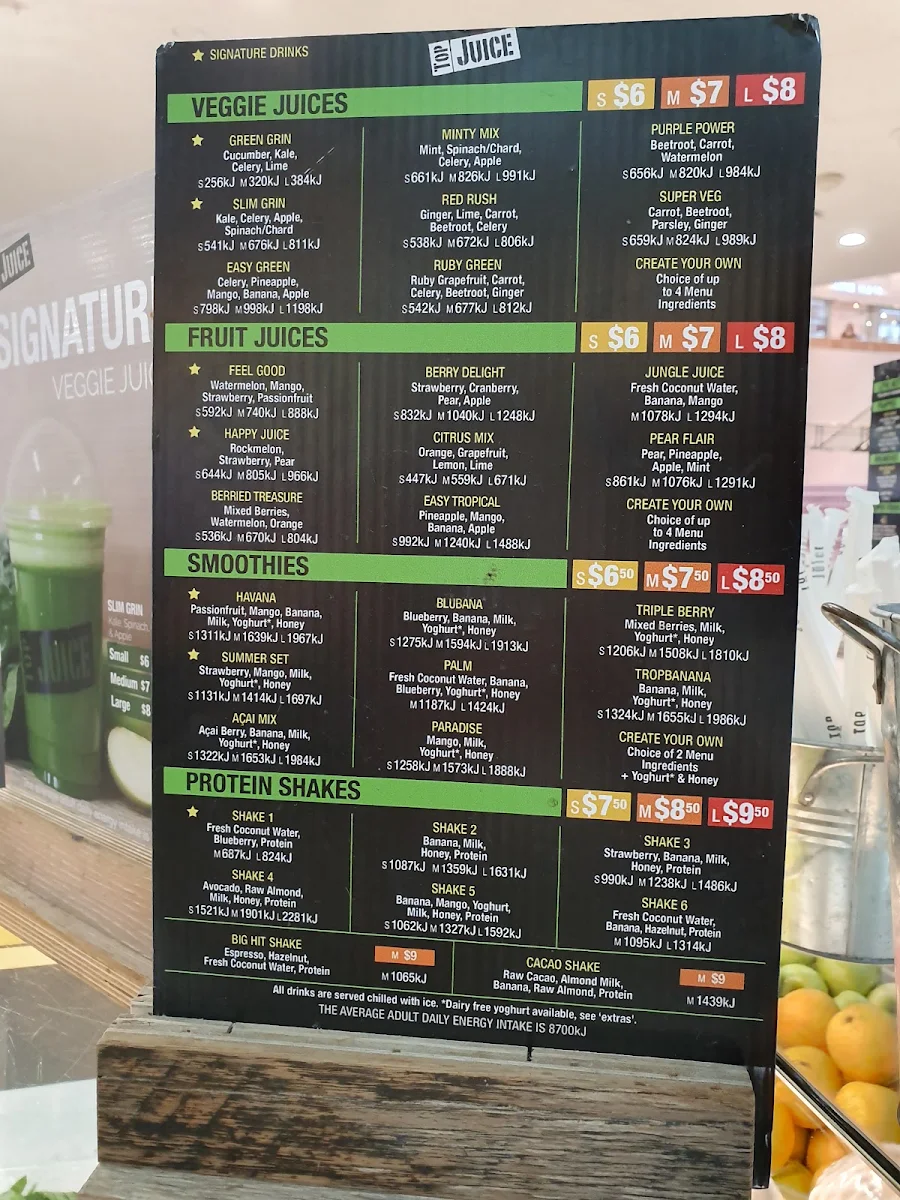 Menu, Top Juice Sydney Central Plaza (Food Court under Myer)