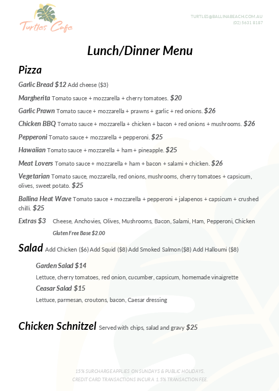 Menu, Turtles Cafe