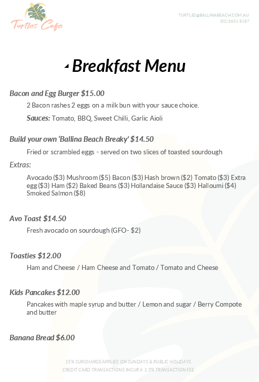 Menu, Turtles Cafe