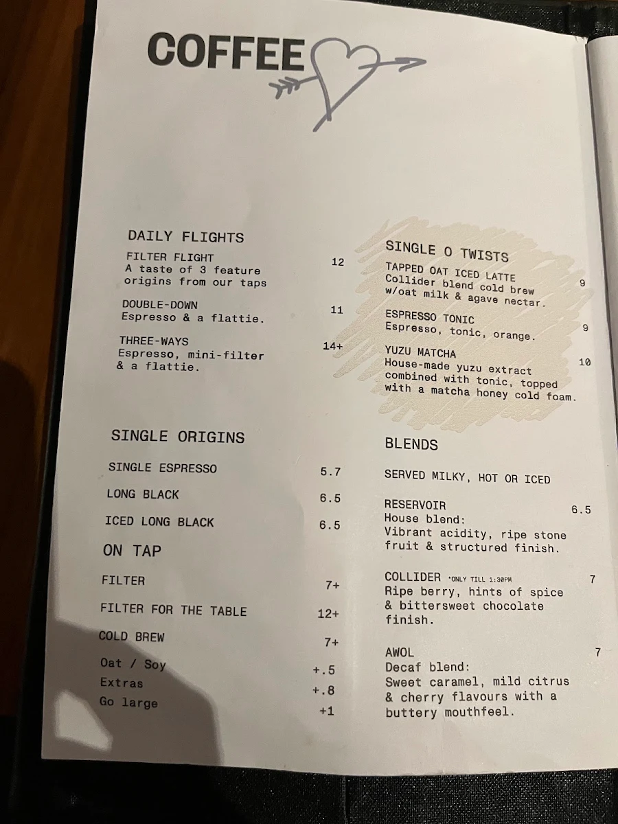 Menu, Single O Surry Hills