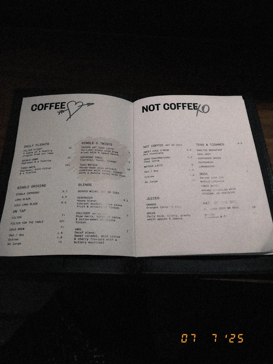 Menu, Single O Surry Hills
