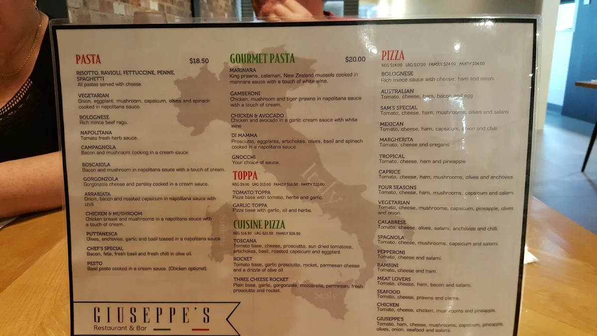 Menu, Giuseppe's Restaurant & Bar Griffith