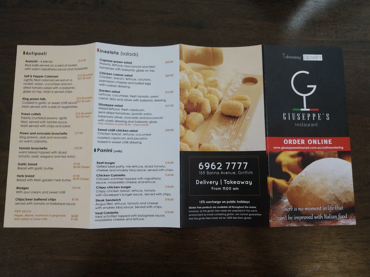 Menu, Giuseppe's Restaurant & Bar Griffith