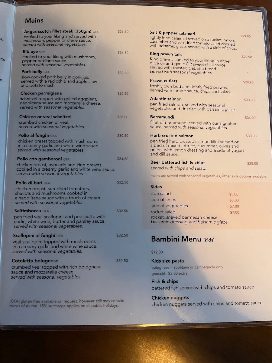 Menu, Giuseppe's Restaurant & Bar Griffith