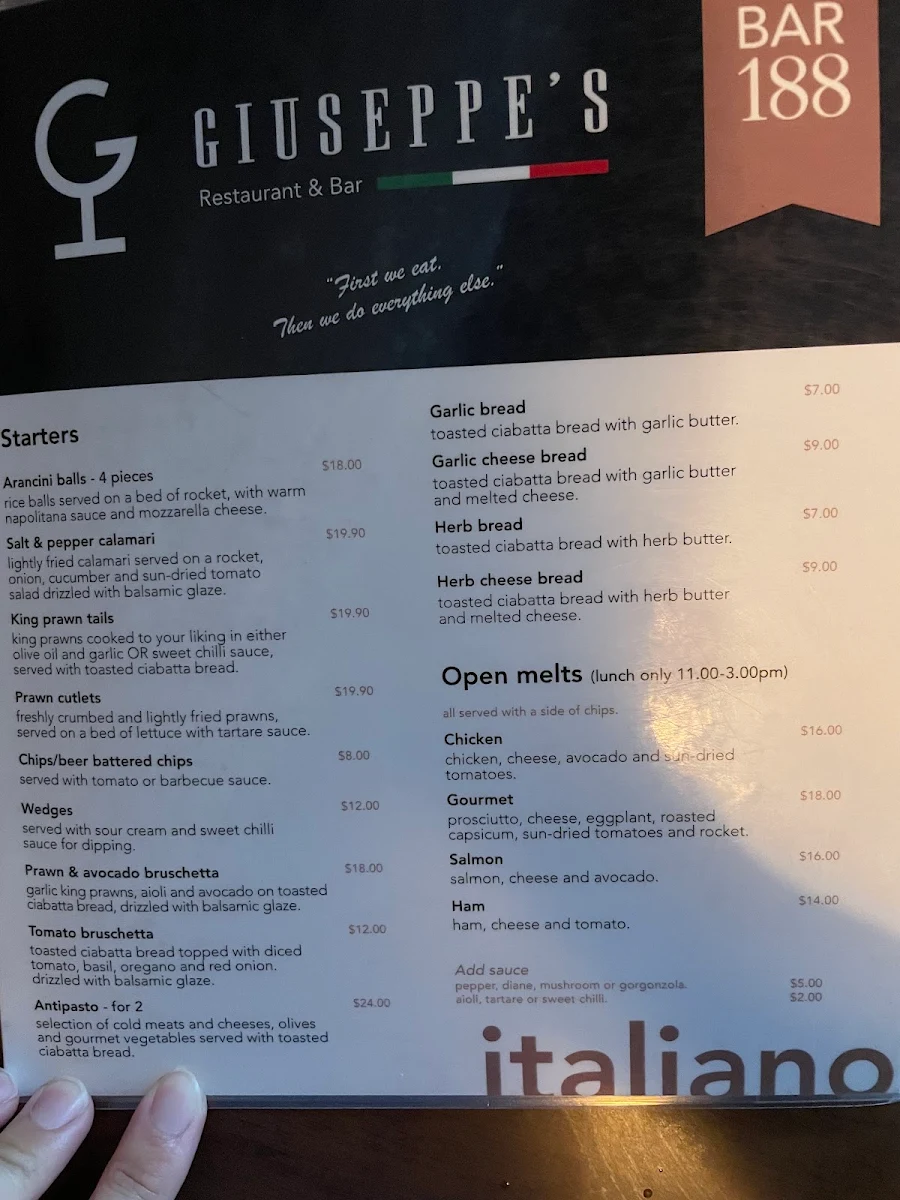 Menu, Giuseppe's Restaurant & Bar Griffith