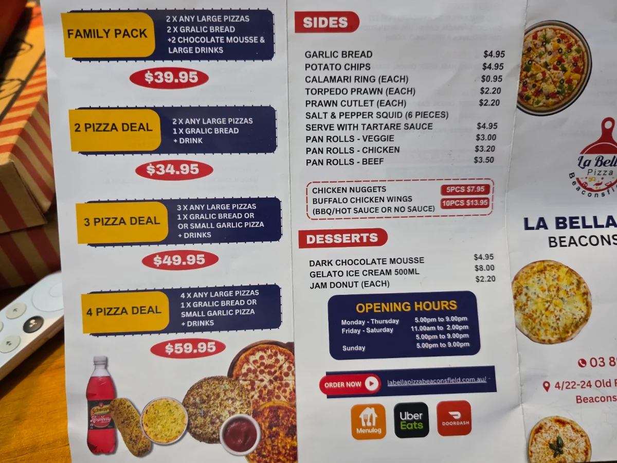 Menu, La Bella Pizza Beaconsfield