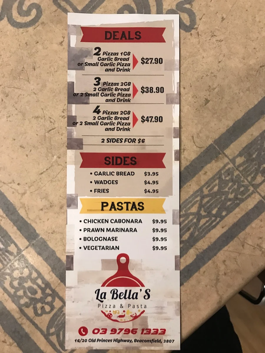 Menu, La Bella Pizza Beaconsfield